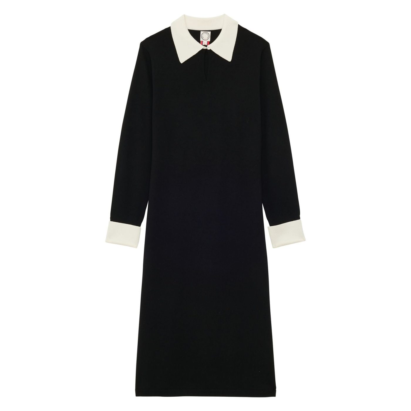 Robe Gabby en laine mérinos noire, poignets blancs
