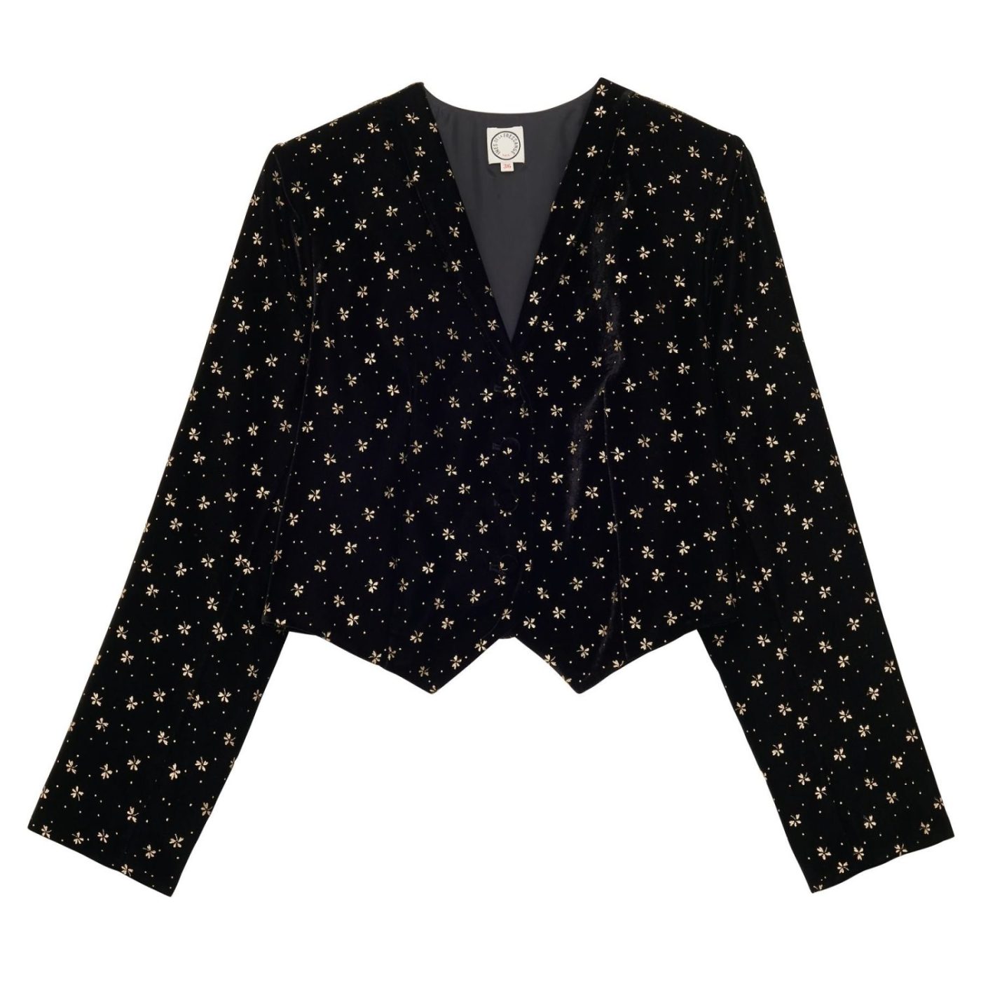 Ole Bolero Jacket in Smooth Black Velvetr, Gold Print